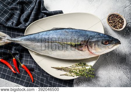 One Piece Of Japanese Amberjack. Raw Fish Yellowtail. Gray Background. Top View