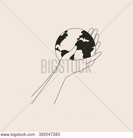 Human Arms Holds Small Earth With Care And Love. Strong Female Hands Support Planet. Vector Black An