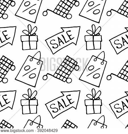 Vector Seamless Pattern With Inscriptions And Symbols Sale. Hand Drawn Background And Texture On The