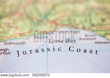 Shallow Depth Of Field Focus On Geographical Map Location Of Jurassic Coast Off Coast Of United King