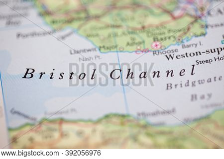 Shallow Depth Of Field Focus On Geographical Map Location Of Bristol Channel Off Coast Of United Kin