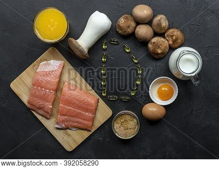 Flat Lay Composition With Products Rich In Vitamin D. Canned Tuna, Mushrooms, Salmon, Eggs, Milk, An