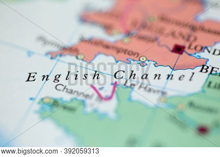 Shallow Depth Of Field Focus On Geographical Map Location Of English Channel Off Coast Of United Kin
