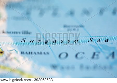 Shallow Depth Of Field Focus On Geographical Map Location Of Sargasso Sea Off Coast Of America On At
