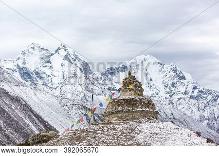 Old Buddhist Stupa In Deboche Village. Way To Everest Base Camp. Nepal, Himalayan Mountains