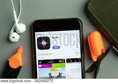 New York, Usa - 26 October 2020: Volaris Mobile App Icon Logo On Phone Screen Close-up, Illustrative
