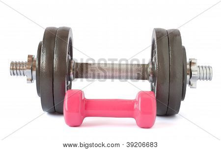 Two Dumbbells Close-up On White Background.