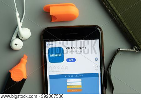 New York, Usa - 26 October 2020: Milage Learn Plus Mobile App Icon Logo On Phone Screen Close-up, Il