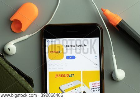 New York, Usa - 26 October 2020: Tickets Regiojet Mobile App Icon Logo On Phone Screen Close-up, Ill