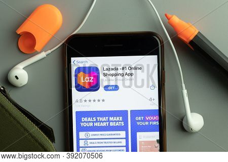 New York, Usa - 26 October 2020: Lazada Online Shopping Mobile App Icon Logo On Phone Screen Close-u