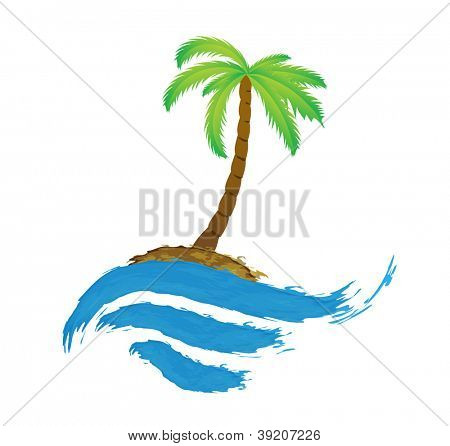 Tropisk palme på øen med havet. Vektor logo.