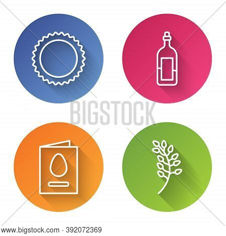Set Line Sun, Bottle Of Wine, Greeting Card With Happy Easter And Willow Leaf. Color Circle Button. 