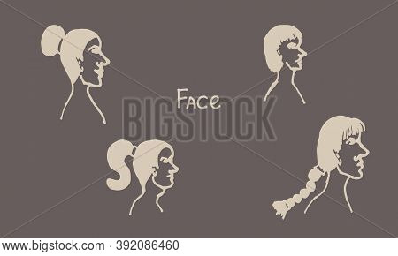 Half Face Silhouette. Vector Hand Drawn Ink Illustration. Collection Of Peoples Heads Side View. Sim
