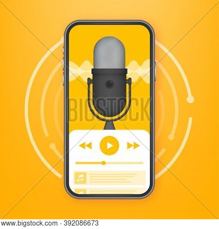Podcast App, Mobile Ui. Recording, Online Broadcasting. Audio Blog. Radio Program. Vector Stock Illu