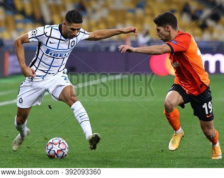Kyiv, Ukraine - October 27, 2020: Achraf Hakimi Of Inter (l) Fights For A Ball With Manor Solomon Of