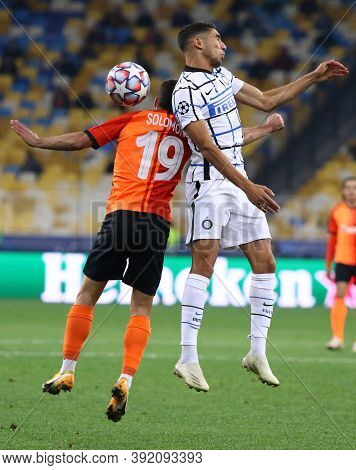 Kyiv, Ukraine - October 27, 2020: Achraf Hakimi Of Inter (r) Fights For A Ball With Manor Solomon Of