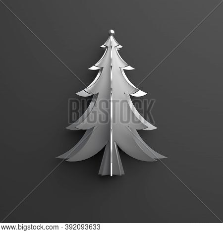 Silver Chrome Spruce, Fir Tree Art Paper Cut Origami On Dark Black Background. Flat Lay, 3d Renderin
