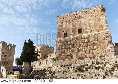 Jerusalem, Israel, October 24, 2020 : Tower And Outer Walls Of The City Of David Near Jaffa Gate In 