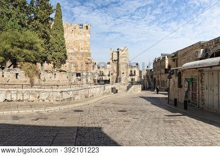 Jerusalem, Israel, October 24, 2020 : Tower And Outer Walls Of The City Of David Near Jaffa Gate In 