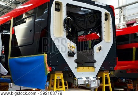 Inside Of The Rail Car Assembly Plant. Industrial Workshop For The Production Of High Speed Trains. 