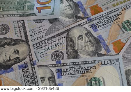 Us One Hundred Dollar Bills Background. Money American Hundred Texture Notes Design. Financial Conce