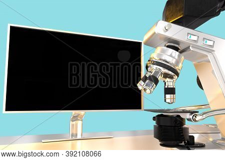 96 Mpx High Resolution Images Of Scientific Microscope And Monitor With Fictive Design Isolated On B