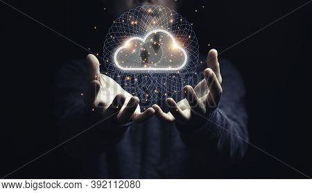 Man Holding Virtual Cloud Computing On Hand With Connection Line.cloud Computing Is System For Shari