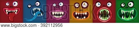 Set Monsters Mouths Creepy And Scary. Funny Jaws Teeths Tongue Creatures Expression Monster Horror D