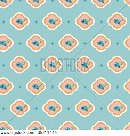 Vector Geometric Stylized Blue Floral Tile Pattern With Berry. Seamless Vector Design, Simple Orname