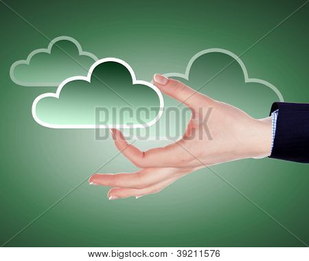 Hand med cloud computing symbol mot färg bakgrund