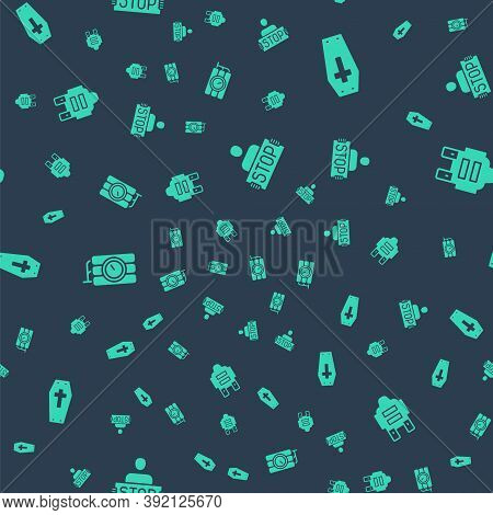 Set Stop War, Coffin With Cross, Dynamite And Timer Clock And Bulletproof Vest On Seamless Pattern. 