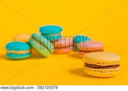 Sweet Almond Colorful Unicorn Pink Blue Yellow Green Macaron Or Macaroon Dessert Cake Isolated On Tr