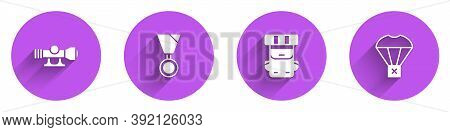 Set Sniper Optical Sight, Military Reward Medal, Hiking Backpack And Box Flying On Parachute Icon Wi