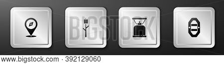 Set Compass, Marshmallow On Stick, Camping Gas Stove And Rafting Boat Icon. Silver Square Button. Ve