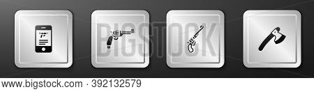 Set Shop Weapon In Mobile App, Revolver Gun, And Wooden Axe Icon. Silver Square Button. Vector