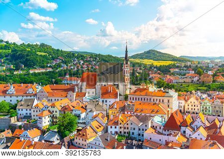 Panoramic View Of Cesky Krumlov With St Vitus Church In The Middle Of Historical City Centre. Cesky 