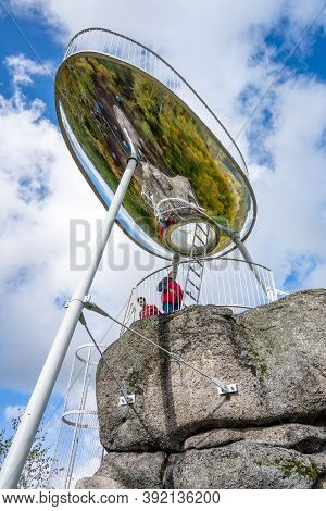 Tanvald, Czech Republic - October 2020: Modern Lookout Tower On Maly . Evokes Sport Bobsled Because 