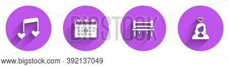 Set Music Note, Tone With Hearts, Calendar, Romantic Bench And Couple In Love Icon With Long Shadow.