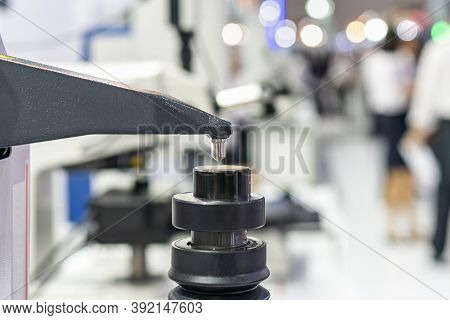 Close Up Sample Part And Diamond Head Pin Of Hardness Tester Machine For Inspection Property Hardnes