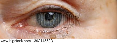 Close-up Of Elderly Womans Eye. Macro Shot Of Senior Female Looking In Camera. Beautiful Blue Colour