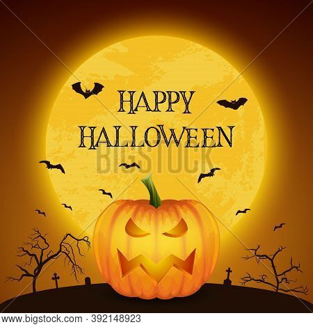 Happy Halloween Banner With Pumkin. Vectorcartoon Halloween Pumkin Lantern With Funny Face On Dark N
