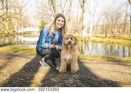 Happy Labradoodle Dog And Woman Outside At The Park