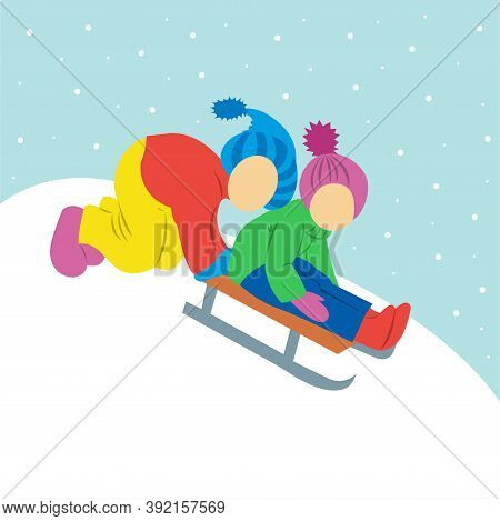 Children Are Sledding. Snowing. Vector Illustration Isolated