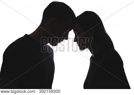 Black And White Silhouettes Of Portraits Men And Women On White Background Stand Opposite Each Other