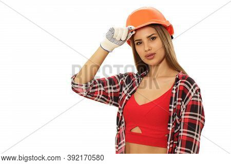 Gorgeous Young Female Contractor Looking Seductively To The Camera Wearing Hardhat Isolated Copy Spa