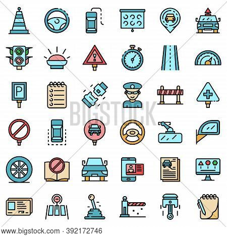 Driving School Icons Set. Outline Set Of Driving School Vector Icons Thin Line Color Flat On White