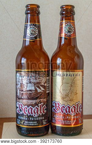 Ushuaia, Tierra Del Fuego, Argentina - December 13, 2008: Closeup Of Beagle Fuegian Stout And Ipa Bo