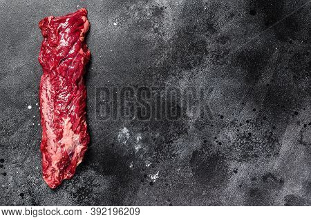 Raw Top Blade, Denver Steak. Black Background. Top View. Copy Space