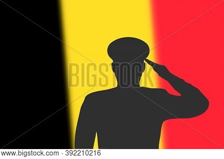 Solder Silhouette On Blur Background With Belgium Flag.
