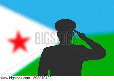 Solder Silhouette On Blur Background With Djibouti Flag.